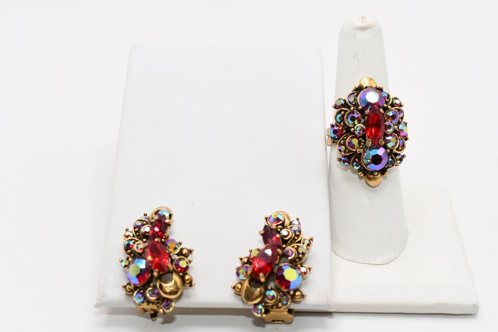Vintage Hollycraft 1957 Red AB Rhinestone Ring Earrings Set Gold Tone
